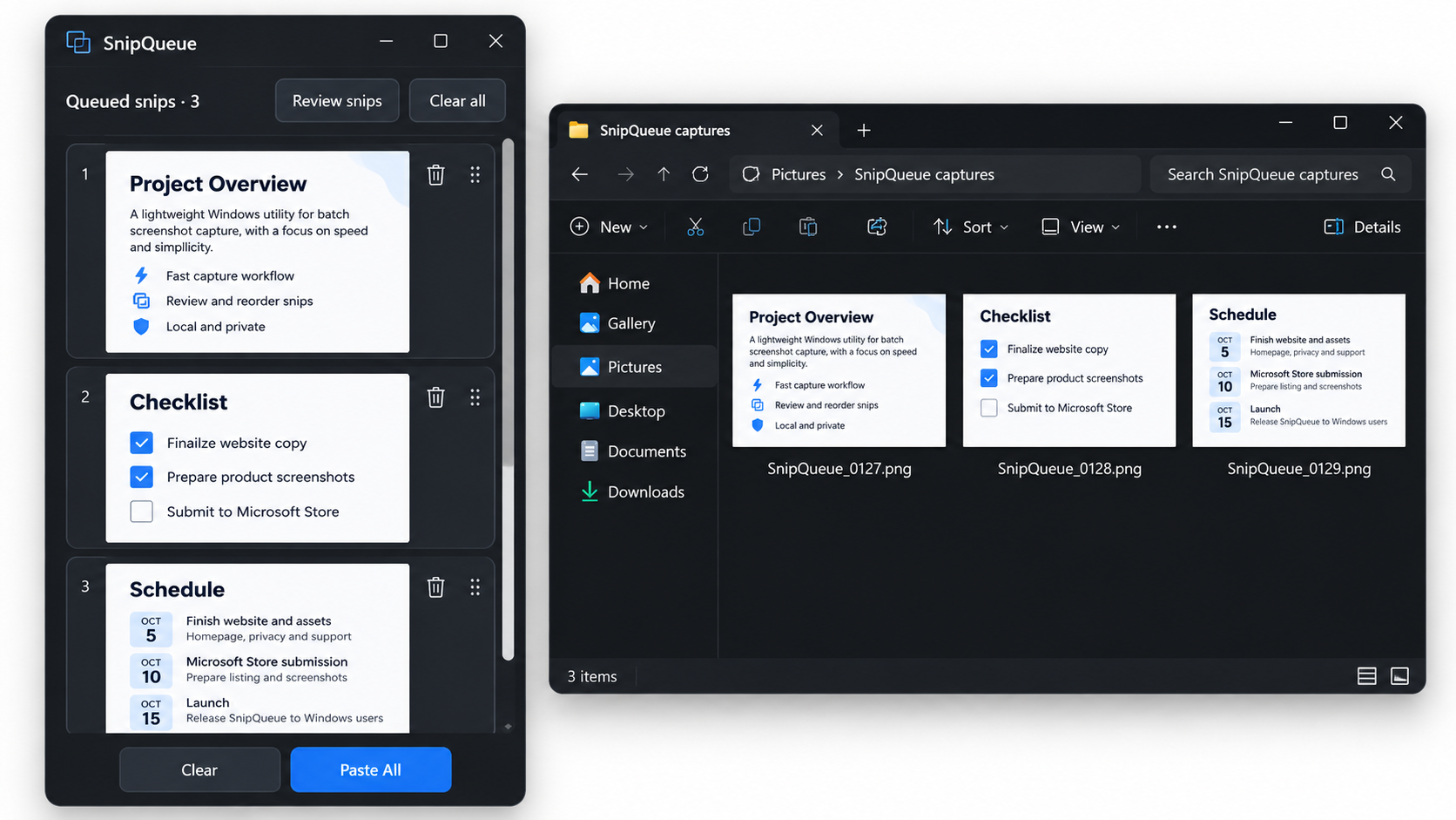 SnipQueue with three arranged captures alongside their individual PNG files in Windows Explorer